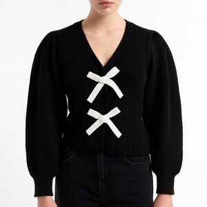 Black Cardigan with White Bow Accents L